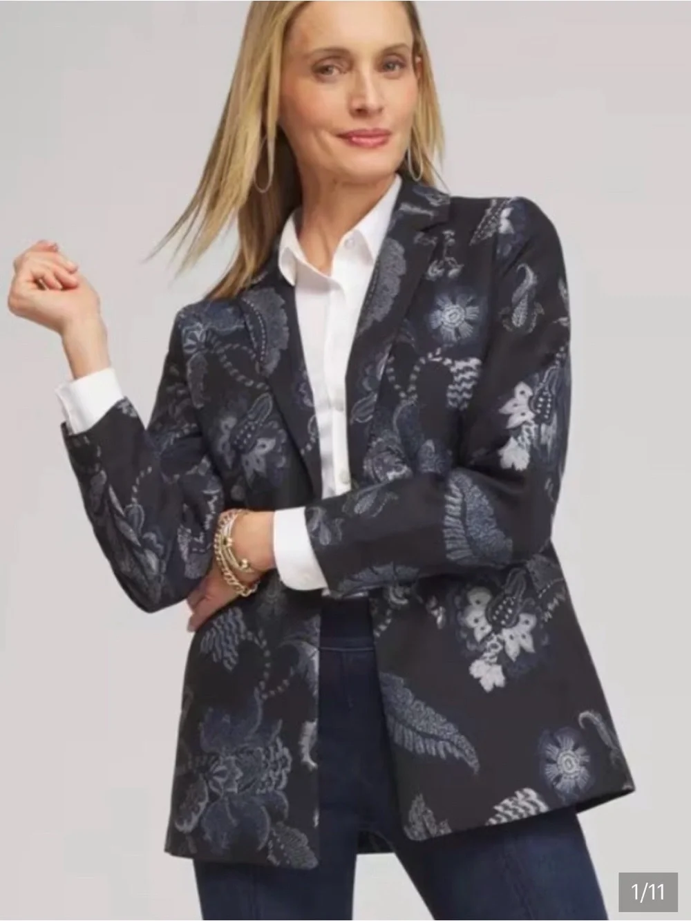 Chico’s Floral Jacquard Navy Jacquard Office Evening Jacket 3= XL NEW